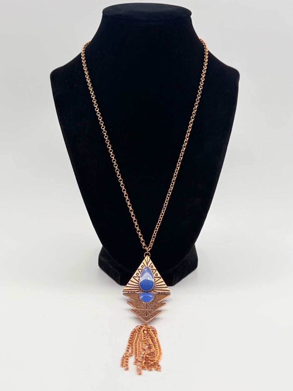 Gold Tone Blue Geometric Tassel Pendant Statement Necklace